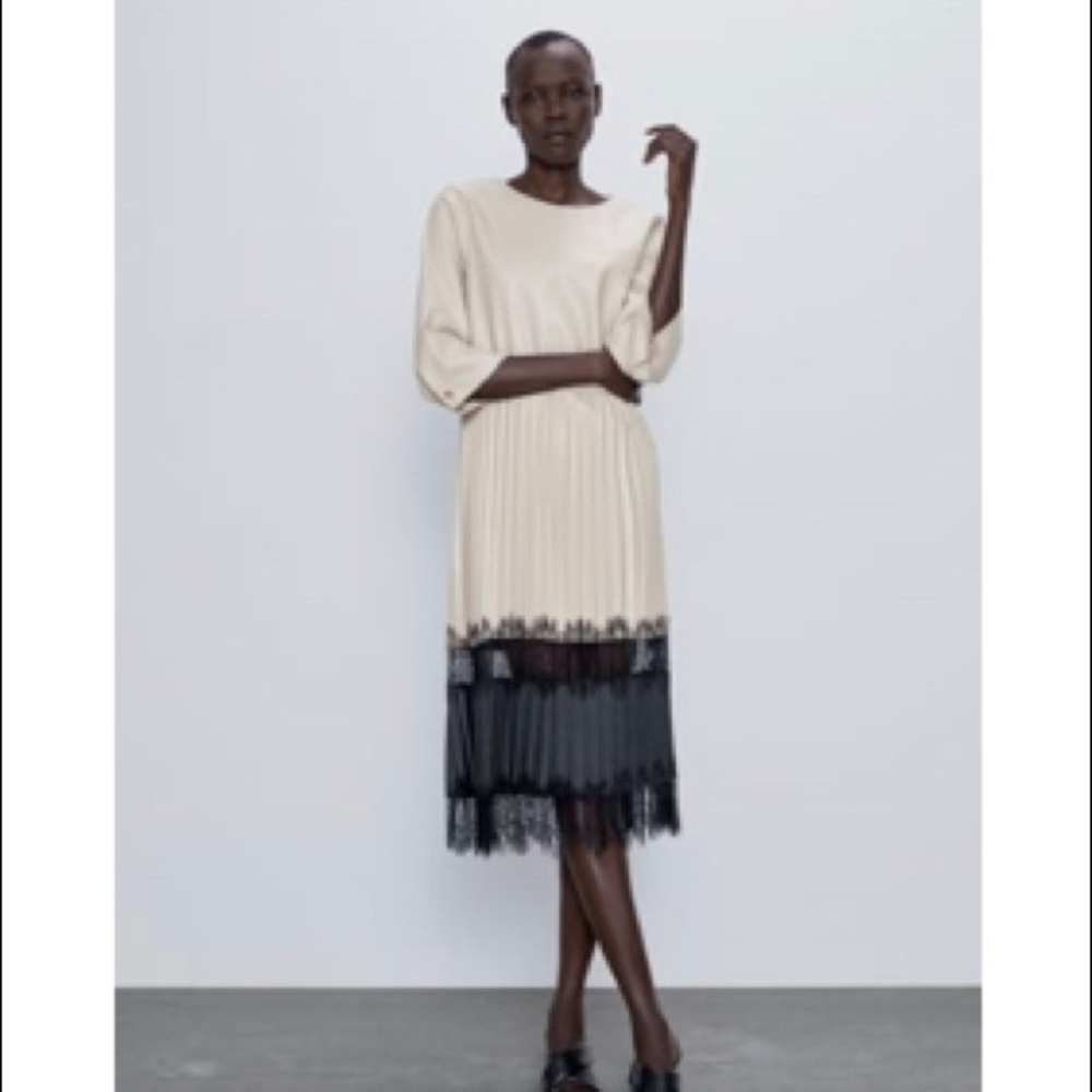 NWT Zara Contrasting Faux Leather Midi Dress with Lace detail size small